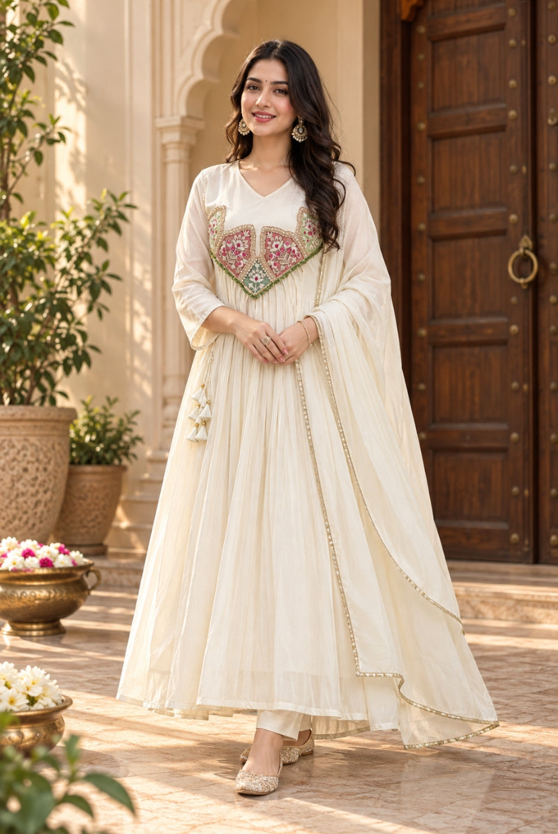 Ivory Embroidered Pure Mal Chanderi Anarkali Suit Set