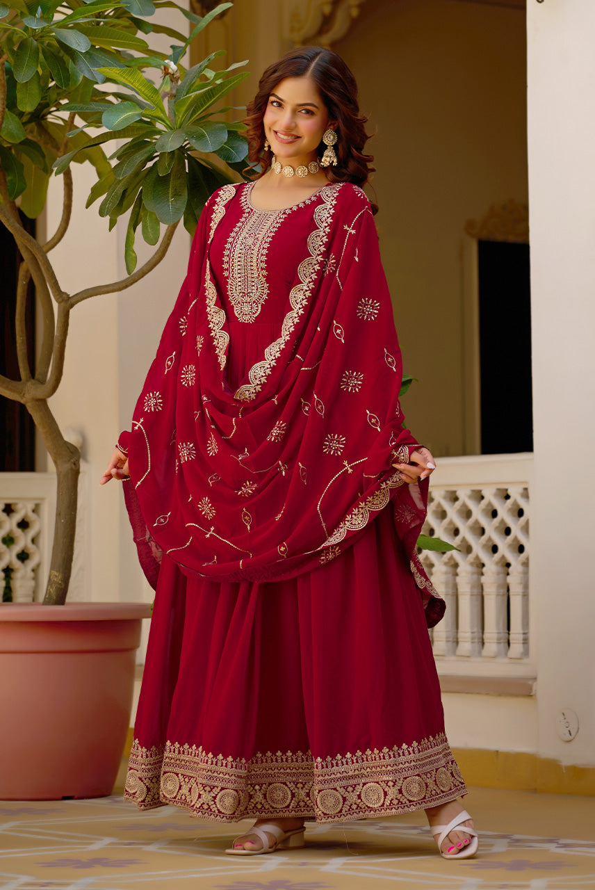 Rani Wine Embroidered Anarkali Kurta Set with Dupatta