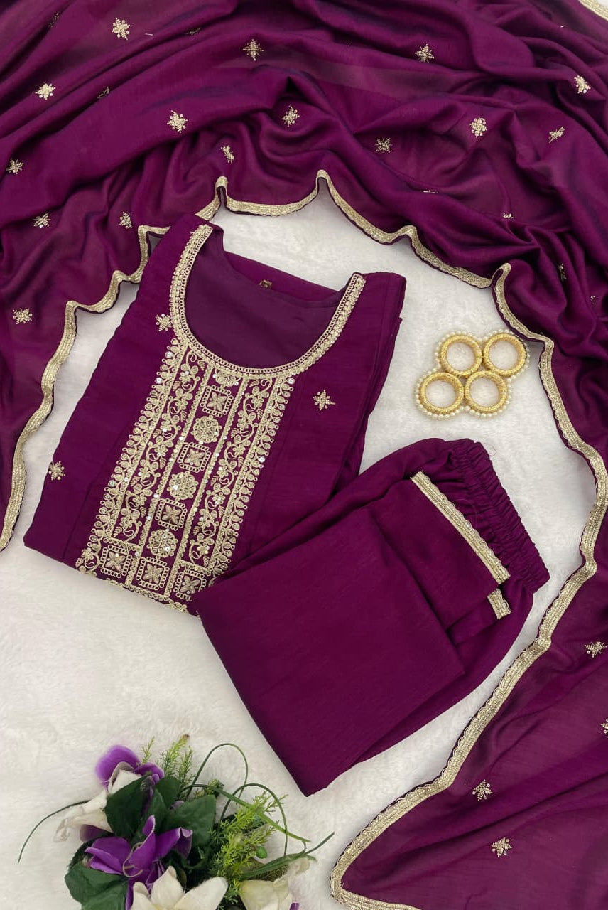 Wine Purple Embroidered Kurta Set with Dupatta