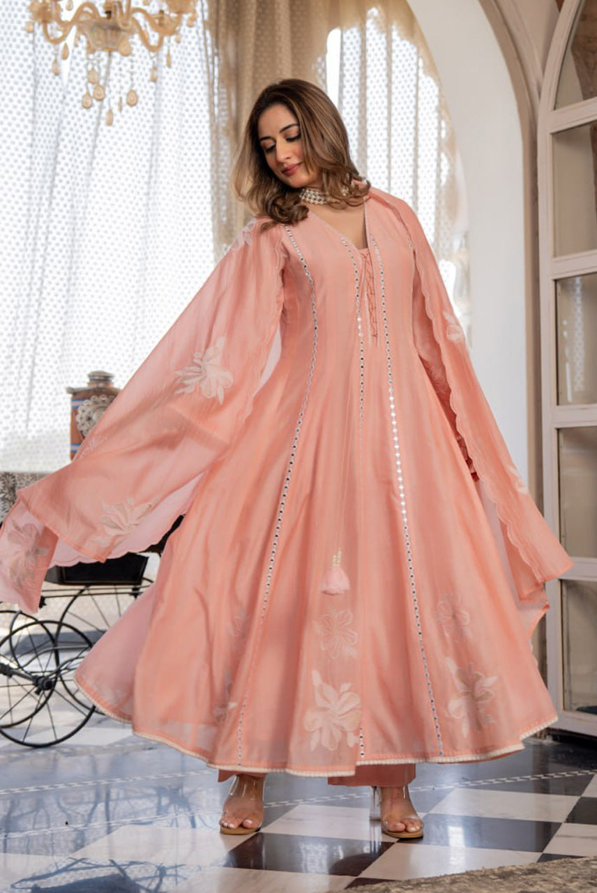 Peach Embroidered A-Line Kurta Set with Dupatta