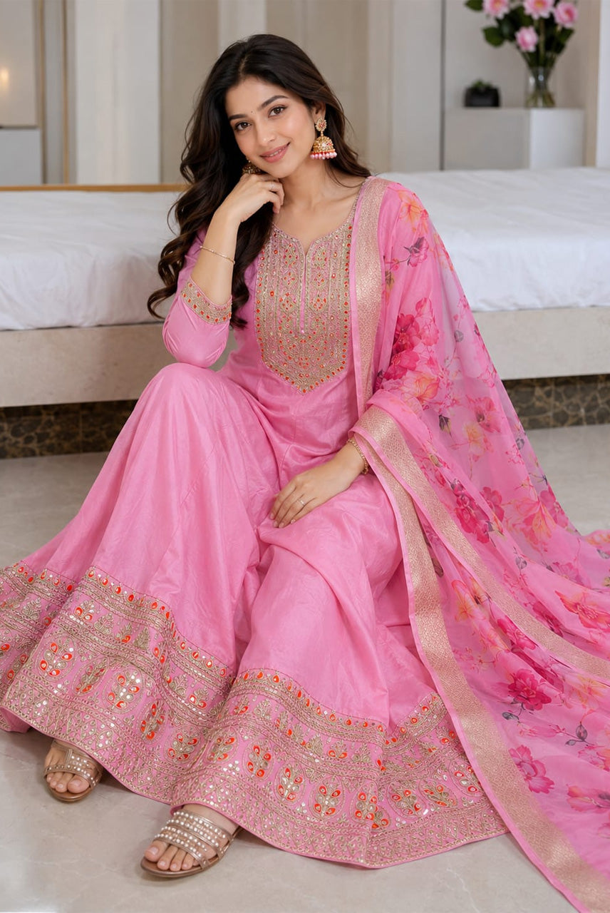 Gulnaar Rani – Pink Zari Anarkali Dupatta Set