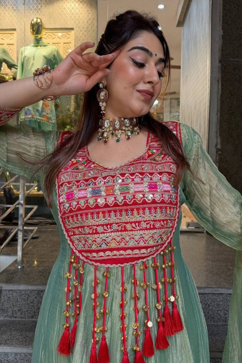 Sage Green Embroidered Salsa Crush Silk Anarkali Pant Dupatta Set