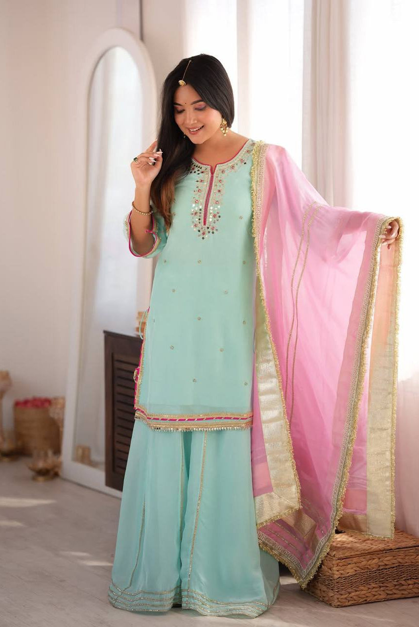 Gulnaar Aqua Sharara Set with Pink Embellished Dupatta
