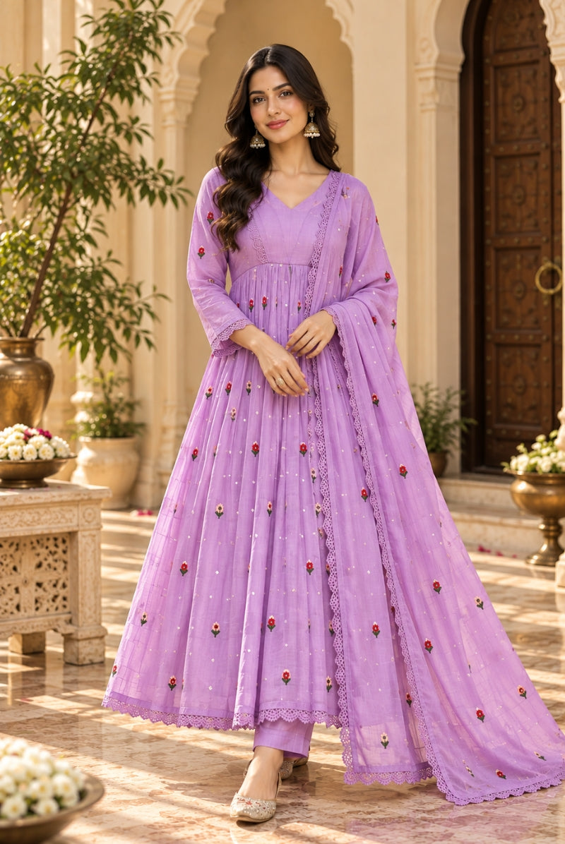 Lavender Embroidered Pure Mal Chanderi Anarkali Suit Set