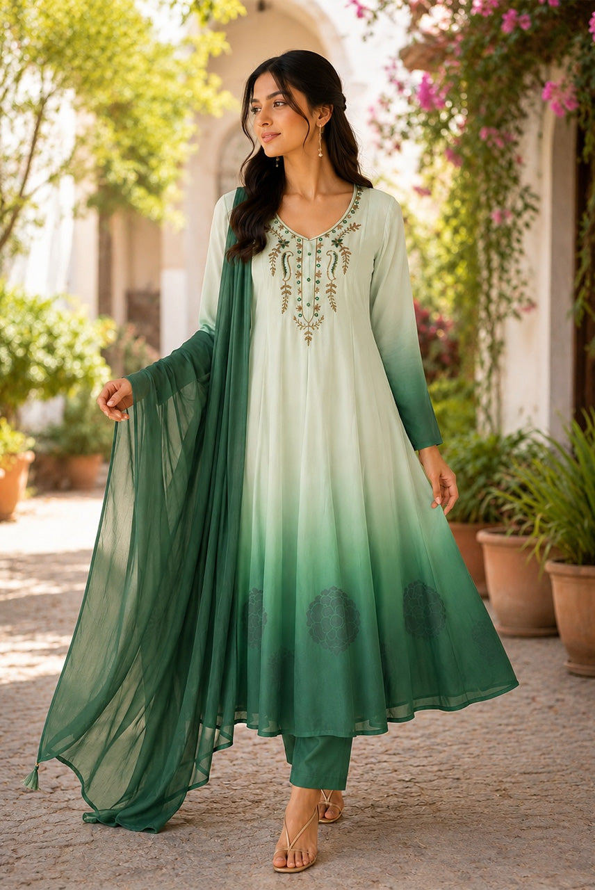 Sage Green Ombre Embroidered Anarkali Kurta Set with Dupatta
