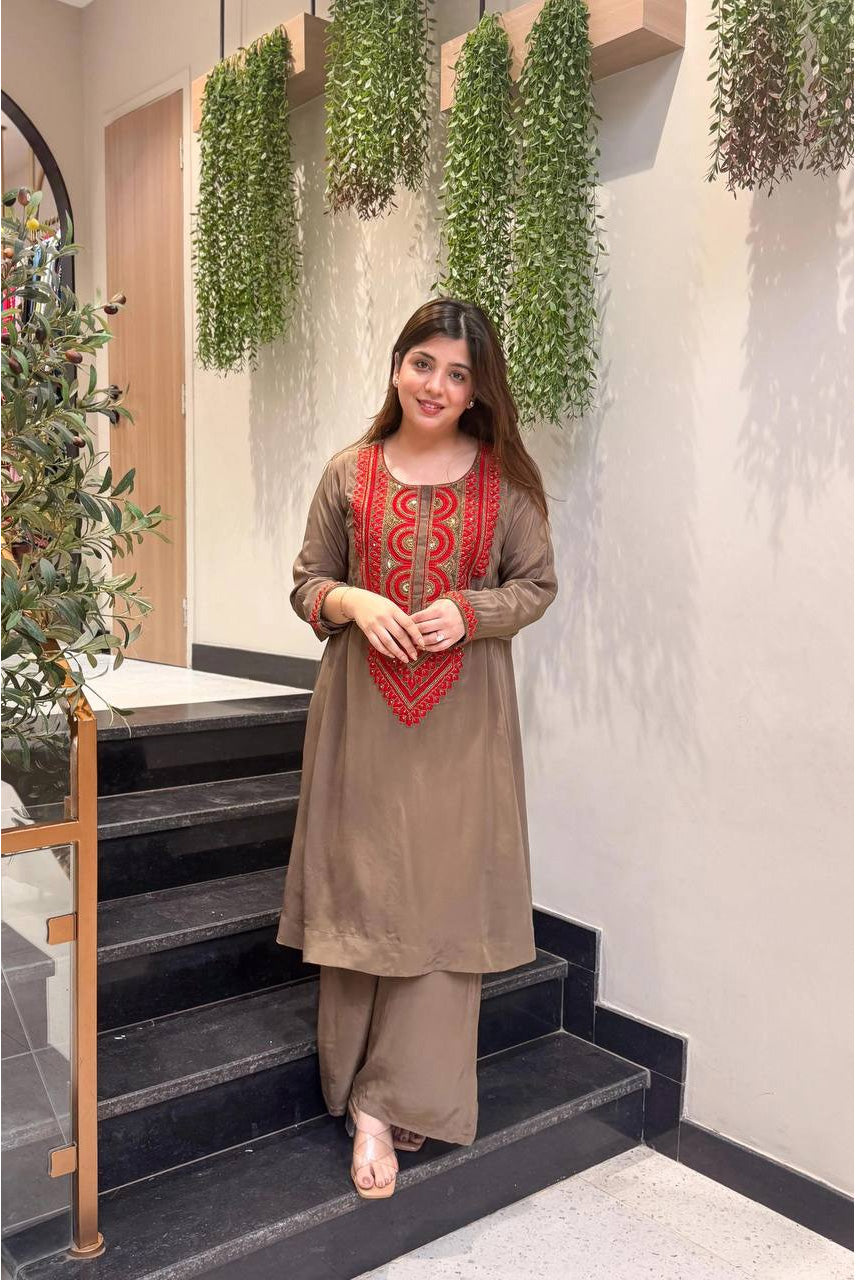 aupe Brown Embroidered Kurta Set with Palazzo