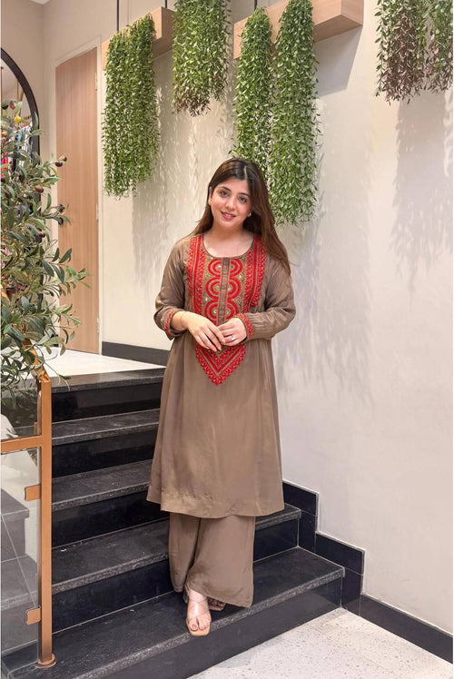 aupe Brown Embroidered Kurta Set with Palazzo