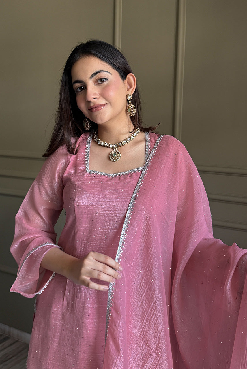 Blush Pink Embellished Kurta Pant Set with Dupatta