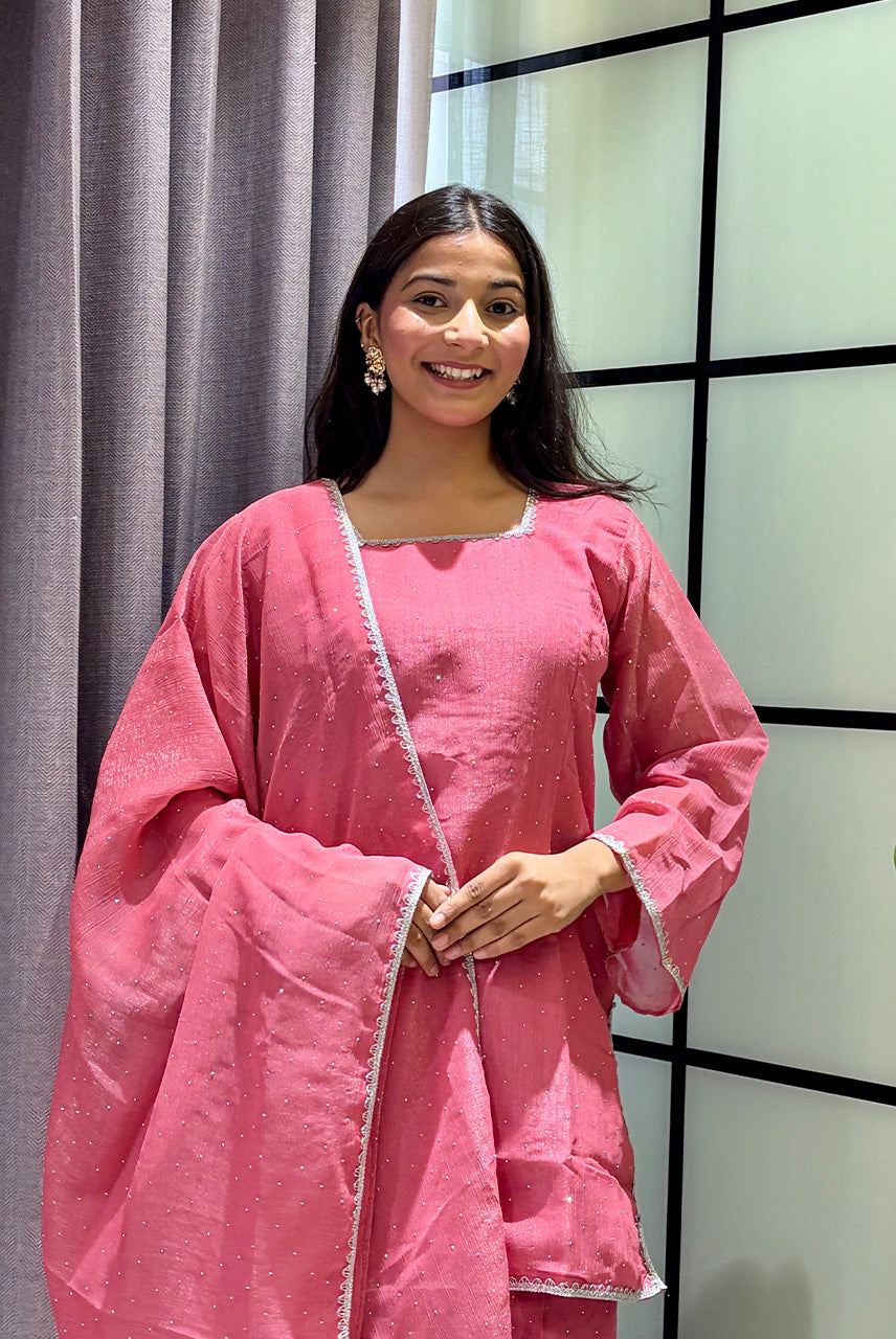 Blush Pink Embellished Kurta Pant Set with Dupatta