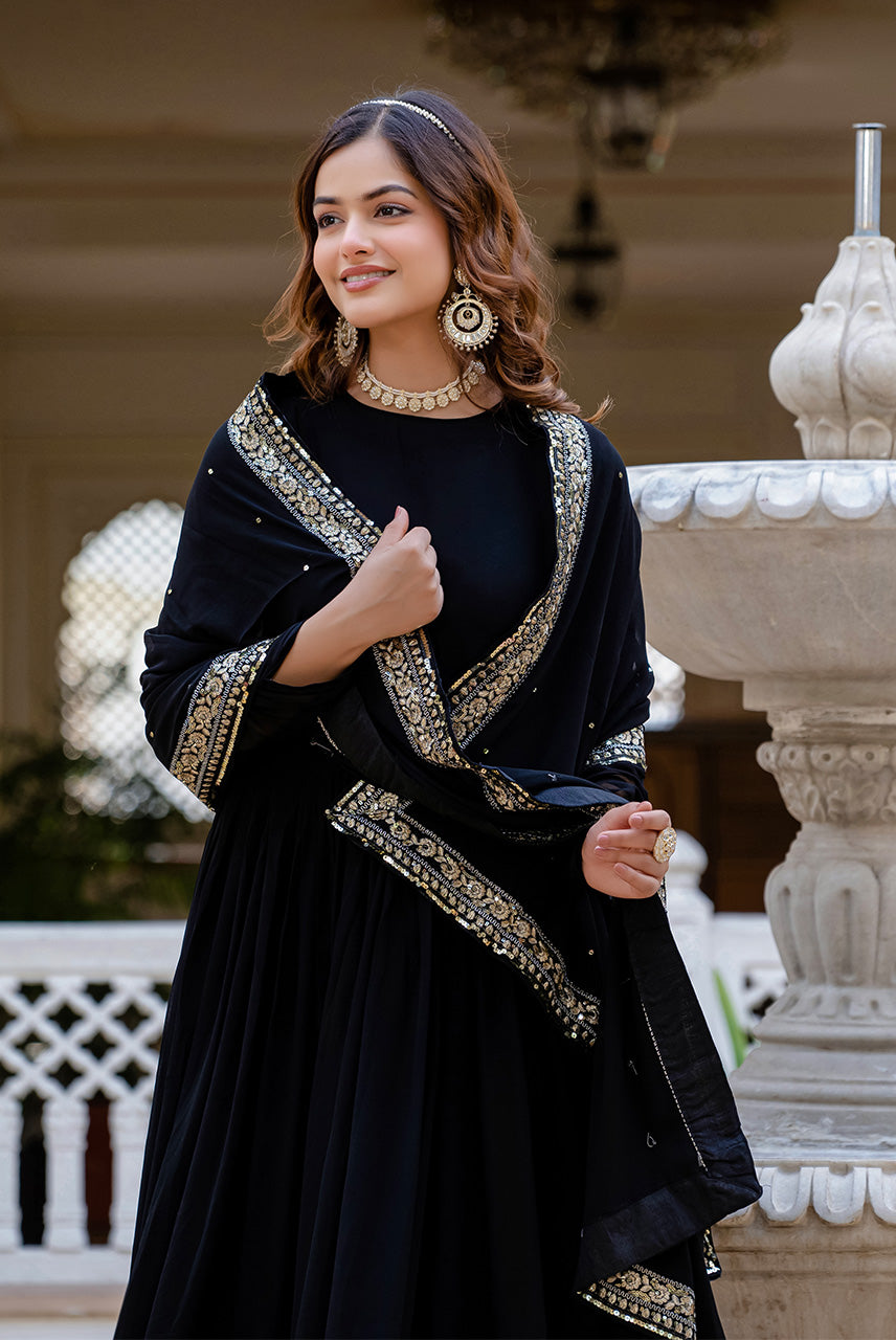 Midnight Black Embroidered Anarkali Gown with Dupatta