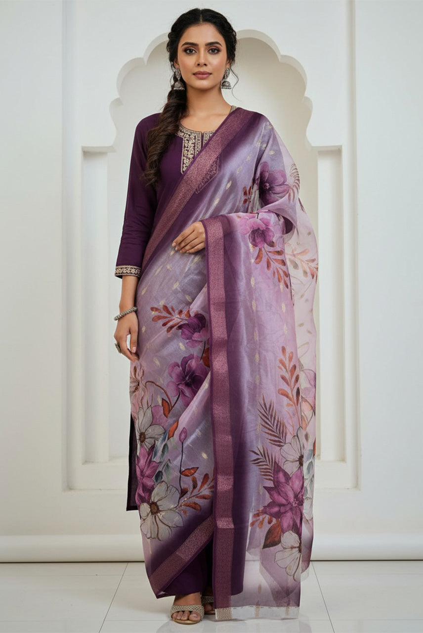Lavender Bloom Floral Printed Kurta Set with Organza Dupatta