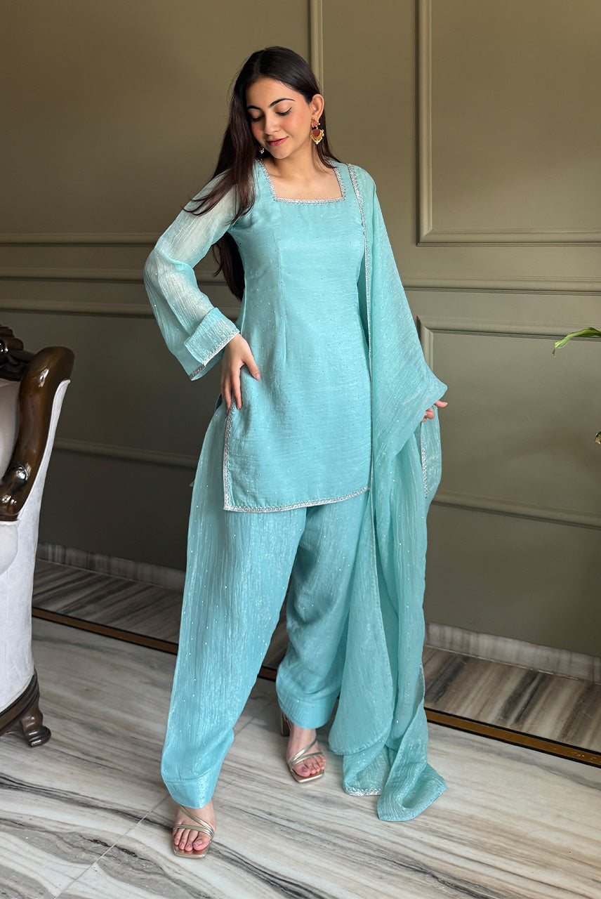 Powder Blue Embellished Kurta Palazzo Set with Dupatta
