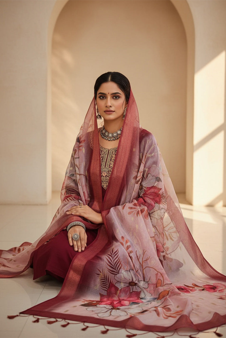 Ruby Bloom Floral Organza Dupatta Kurta Set