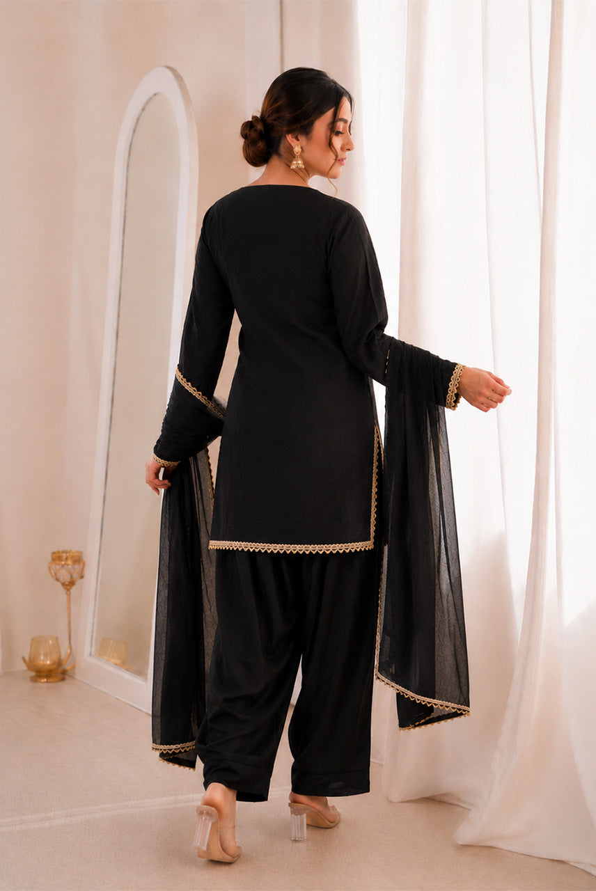 Classic Black Lace Detail Kurta Pant Set with Dupatta