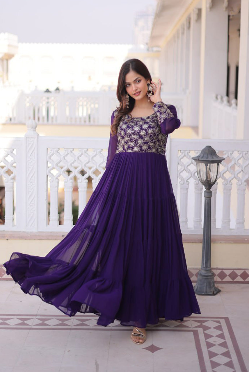 Royal Purple Embroidered Flared Anarkali Gown