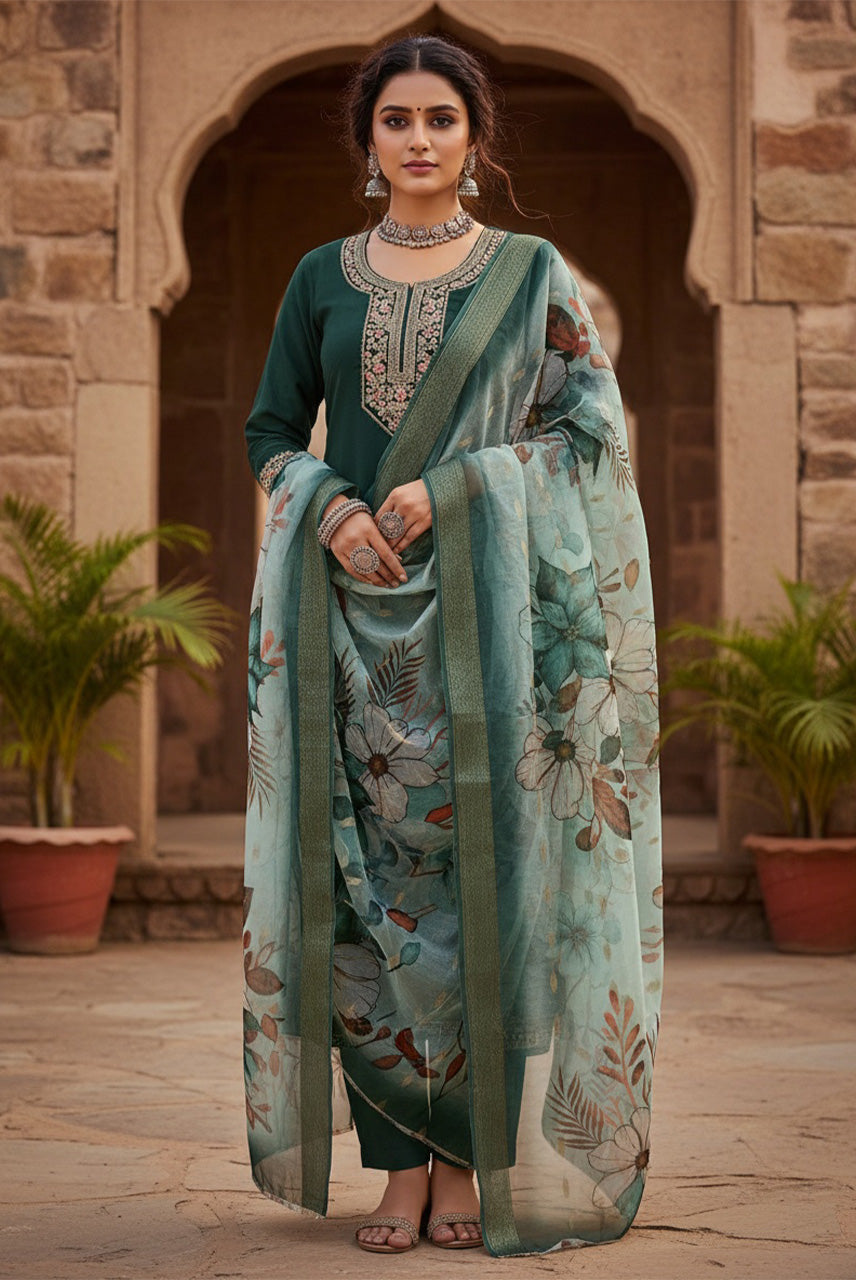 Emerald Mist Floral Organza Dupatta Kurta Set