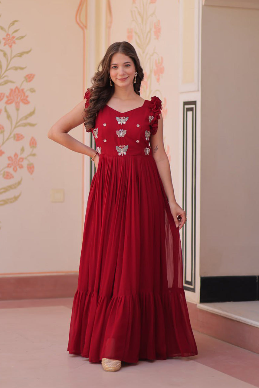 Ruby Red Butterfly Embellished Flared Anarkali Gown
