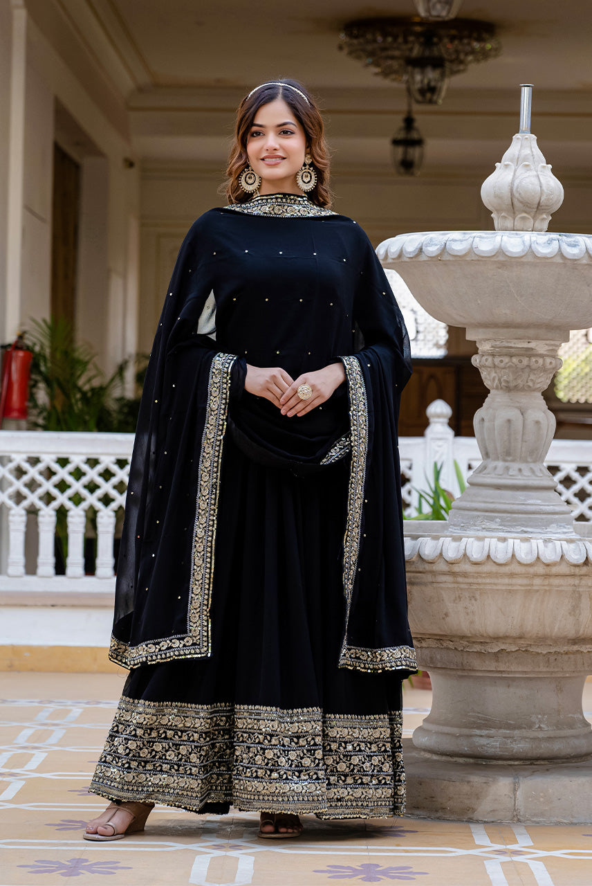 Midnight Black Embroidered Anarkali Gown with Dupatta