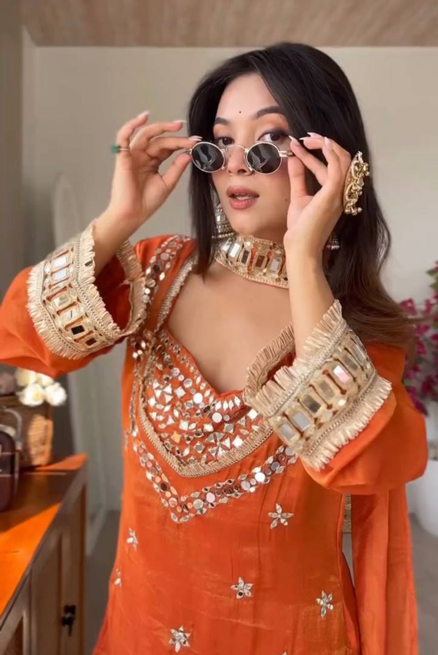 Noor-E-Zafran Mirror Work Sharara Set