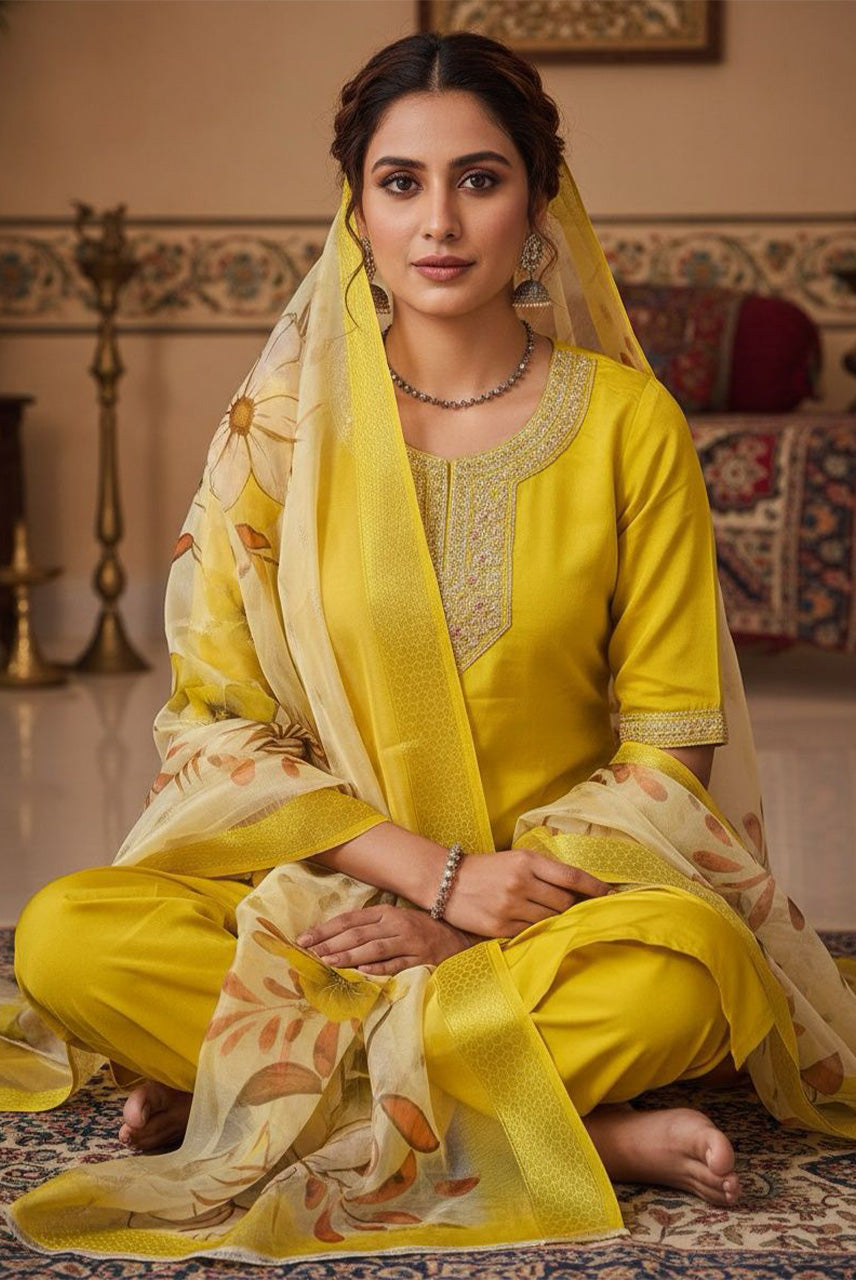 Sunshine Blossom Floral Organza Dupatta Kurta Set