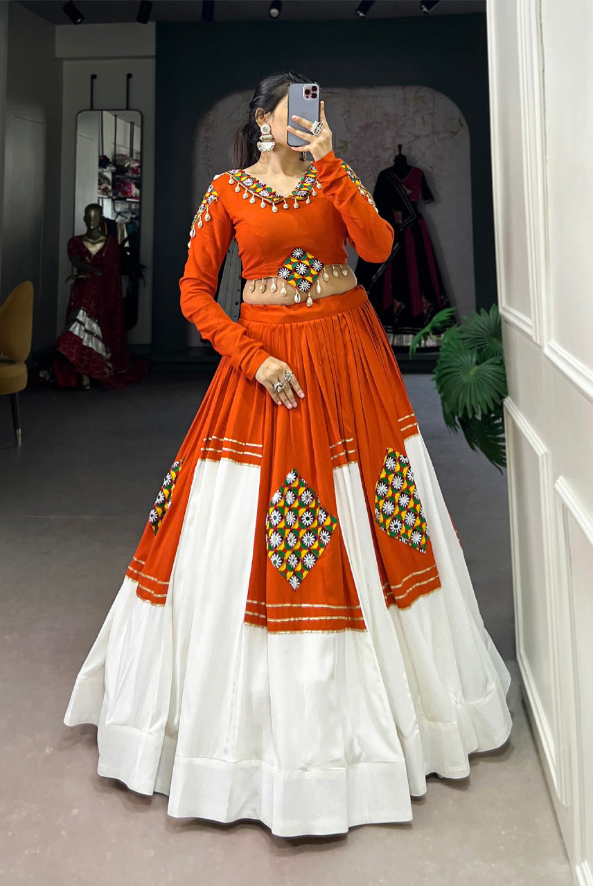 Orange & White Navratri Crop Top with Flared Lehenga Skirt
