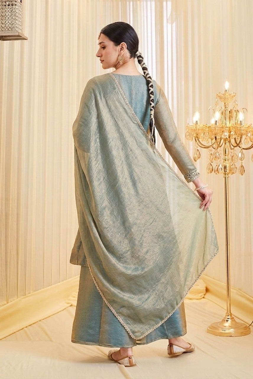 Dusty Sage Green Embroidered A-Line Kurta Palazzo Set with Dupatta