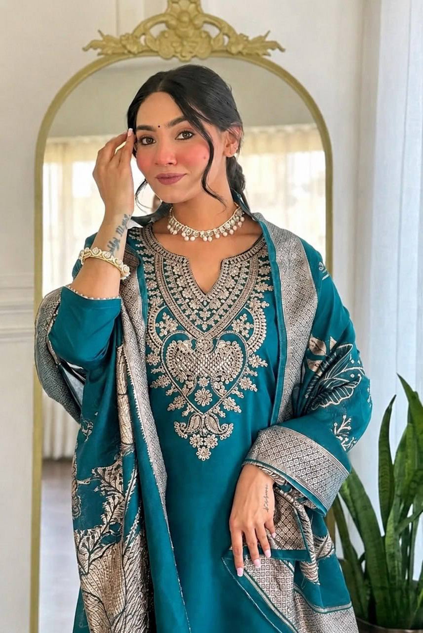 Teal Blue Embroidered Kurta Pant Set with Floral Printed Dupatta
