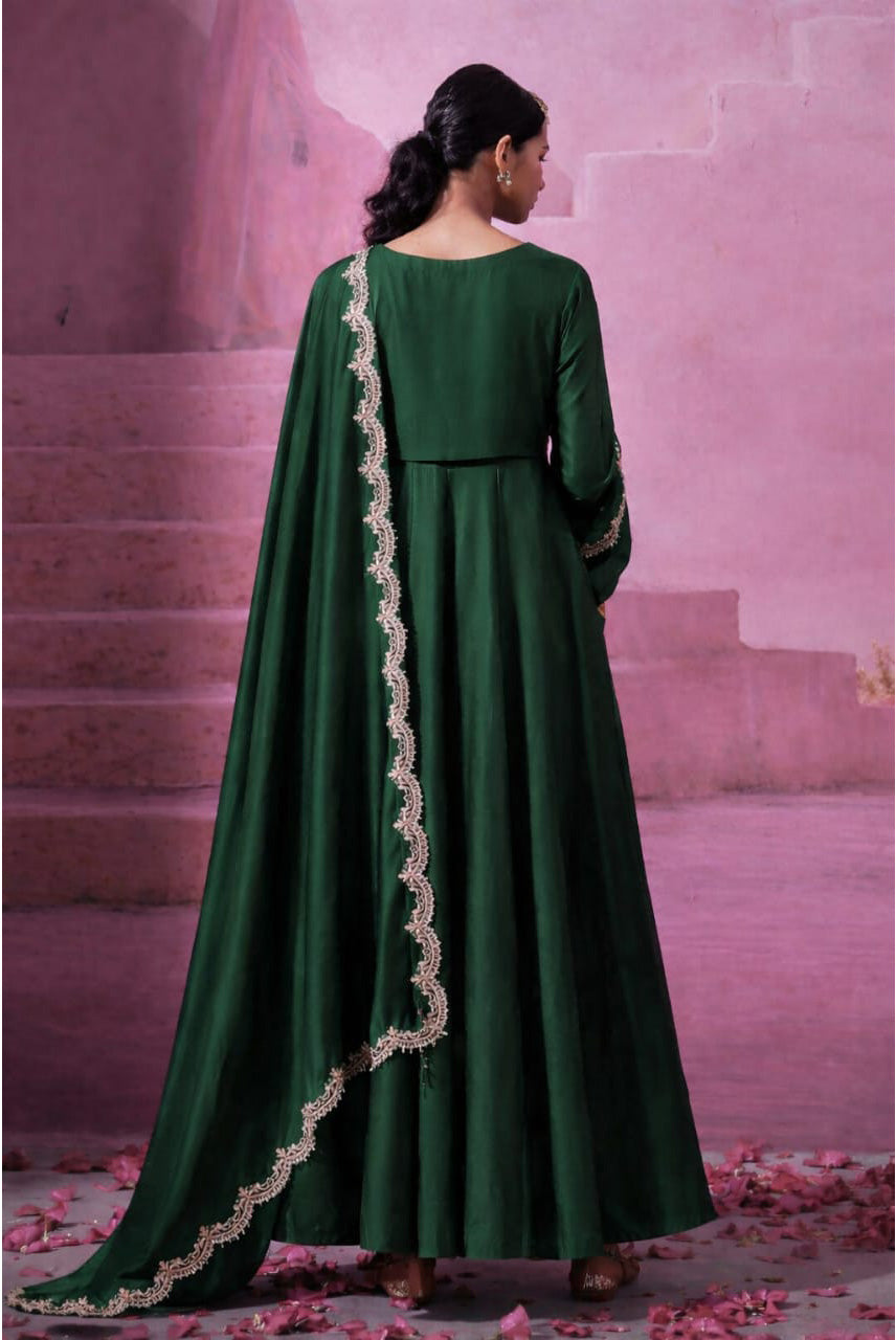 Emerald Green Embroidered Anarkali Gown Set with Dupatta