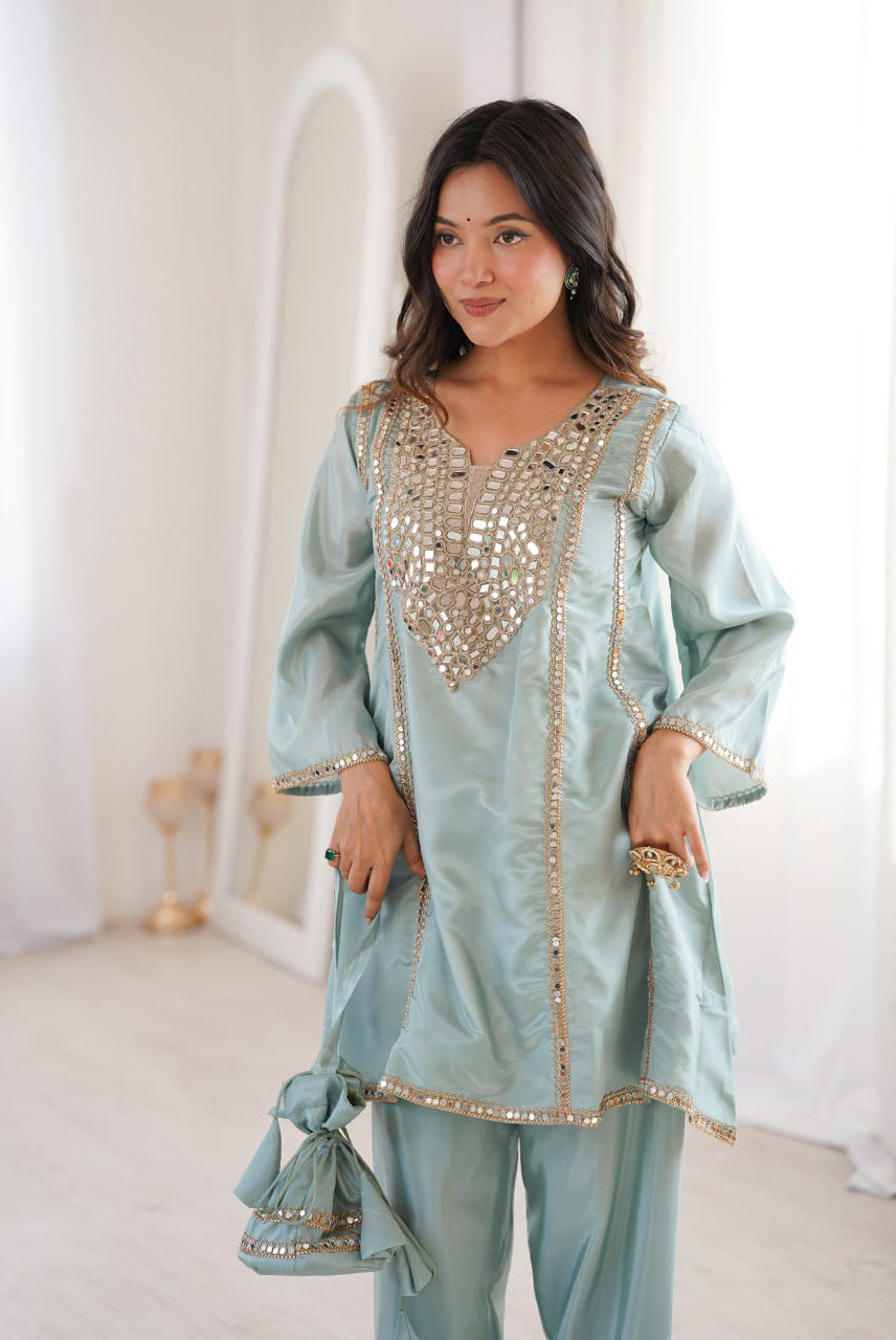 Powder Blue Mirror Work Kurta Sharara Set
