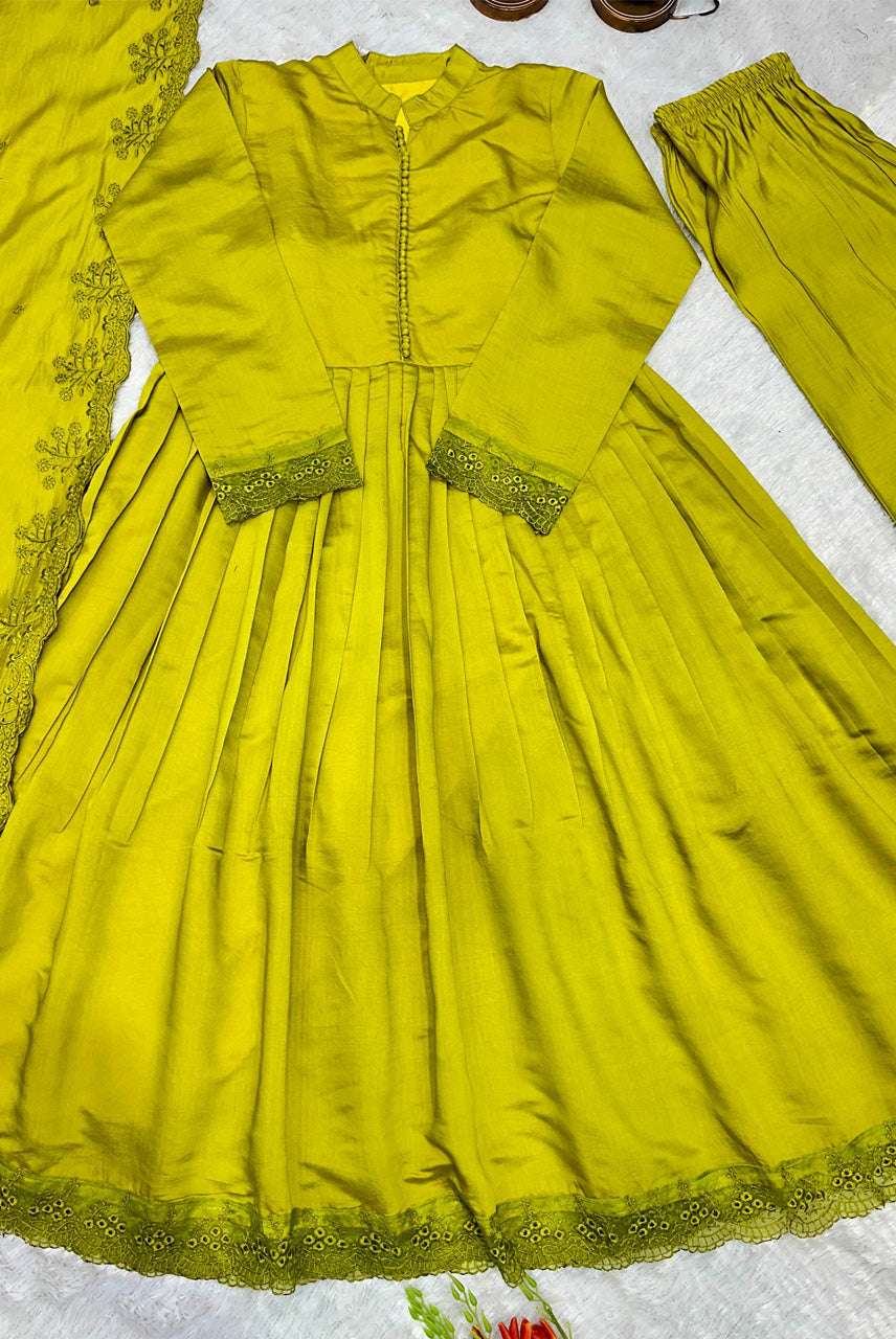 Lime Green Embroidered Anarkali Suit Set with Dupatta