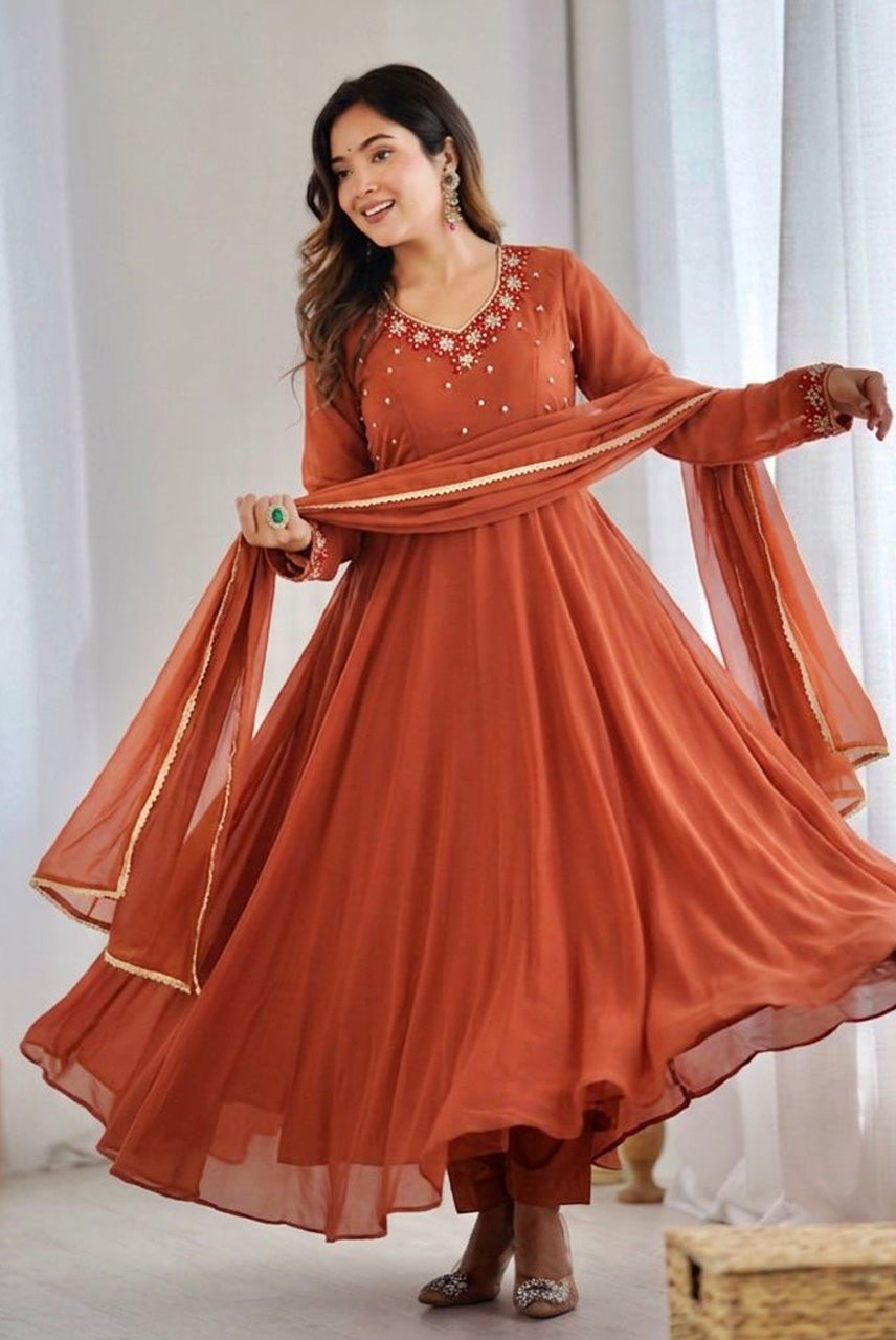 Rust Orange Embroidered Anarkali Kurta Set with Dupatta