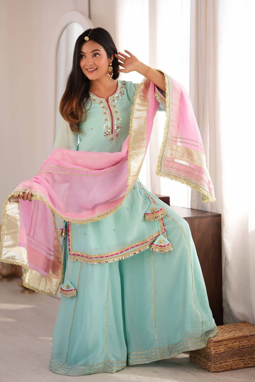 Gulnaar Aqua Sharara Set with Pink Embellished Dupatta