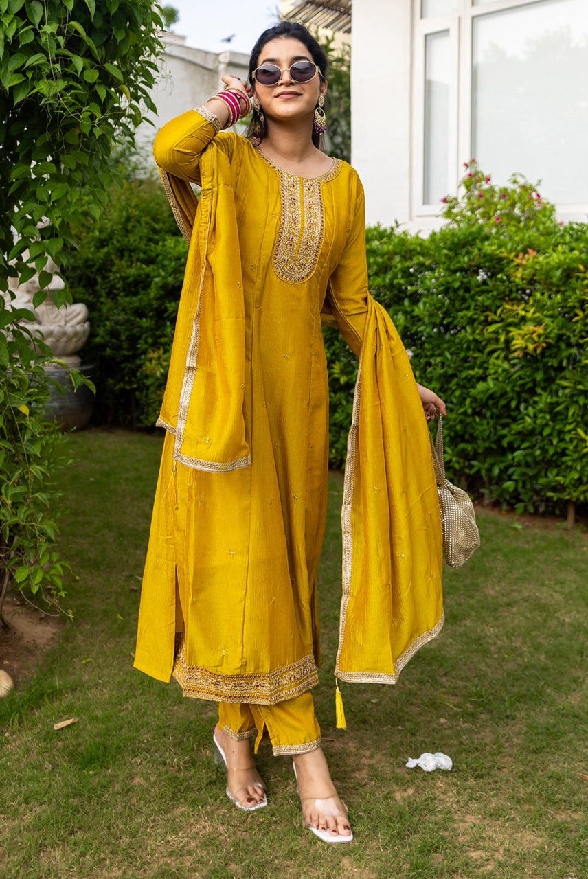 Mustard Yellow Embroidered Kurta Set with Dupatta