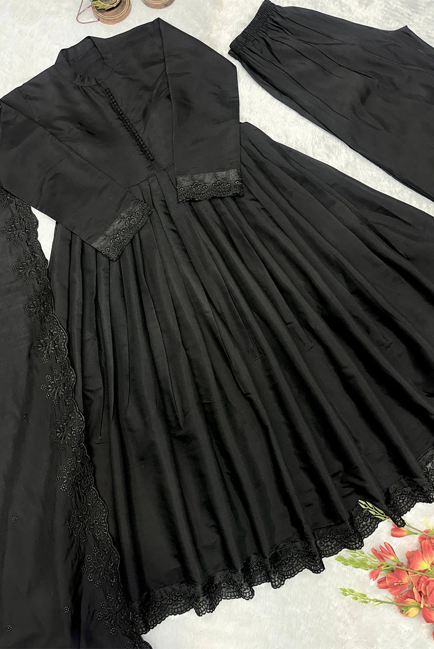 Black Embroidered Anarkali Suit Set with Dupatta