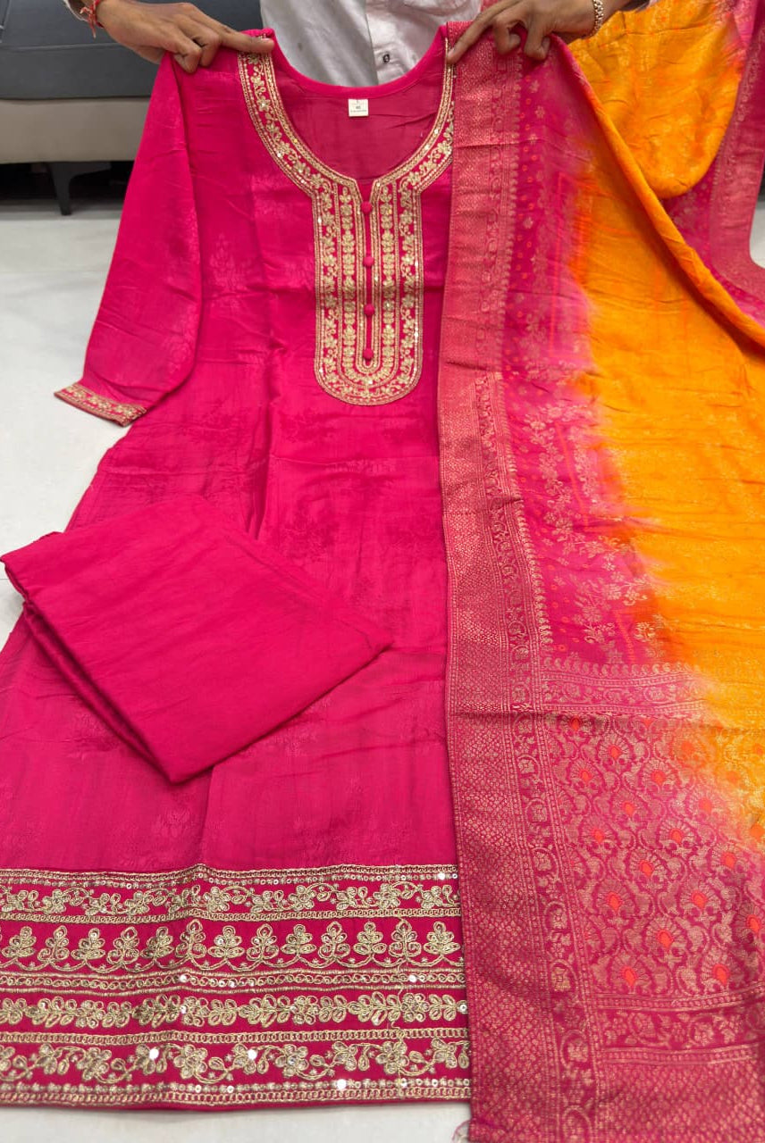 Rani Pink Festive Suit Set with Jacquard Dupatta