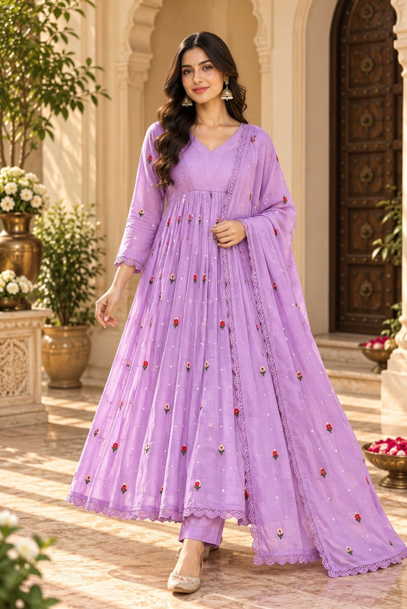 Lavender Embroidered Pure Mal Chanderi Anarkali Suit Set