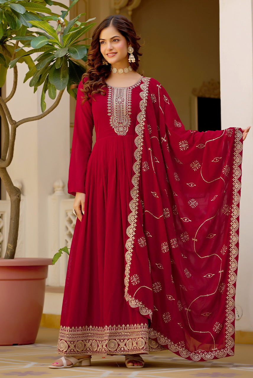 Rani Wine Embroidered Anarkali Kurta Set with Dupatta