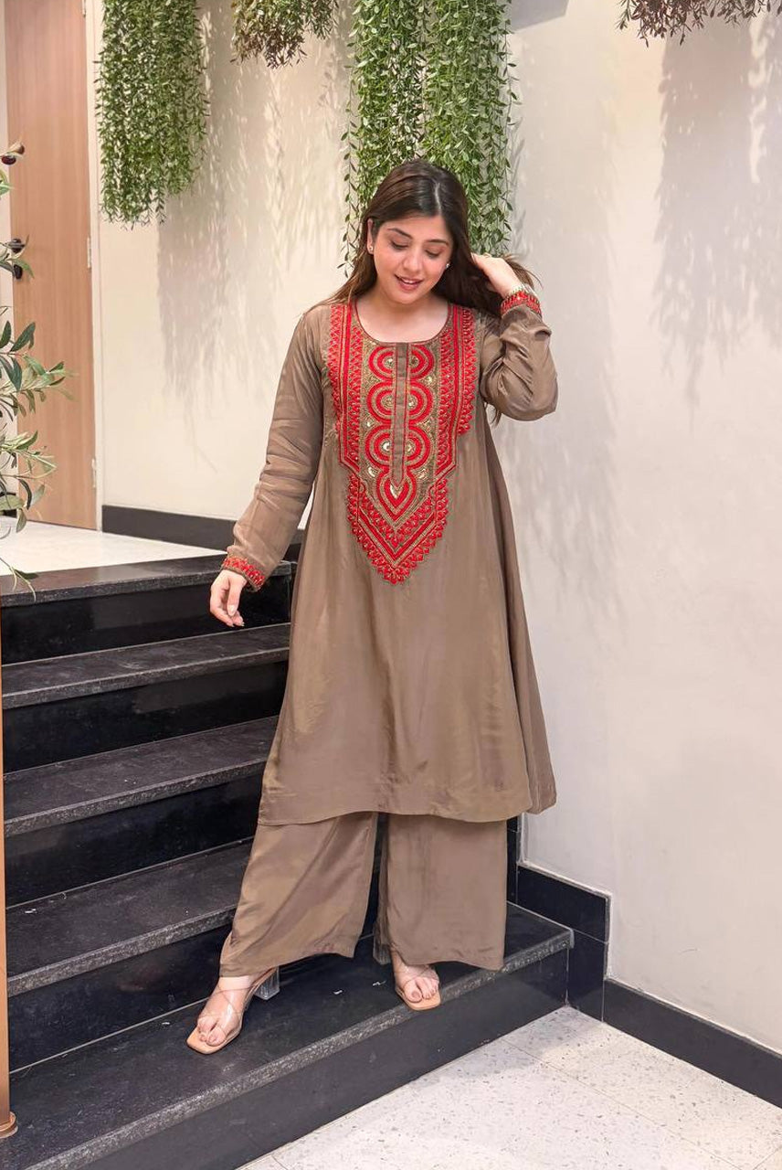 aupe Brown Embroidered Kurta Set with Palazzo
