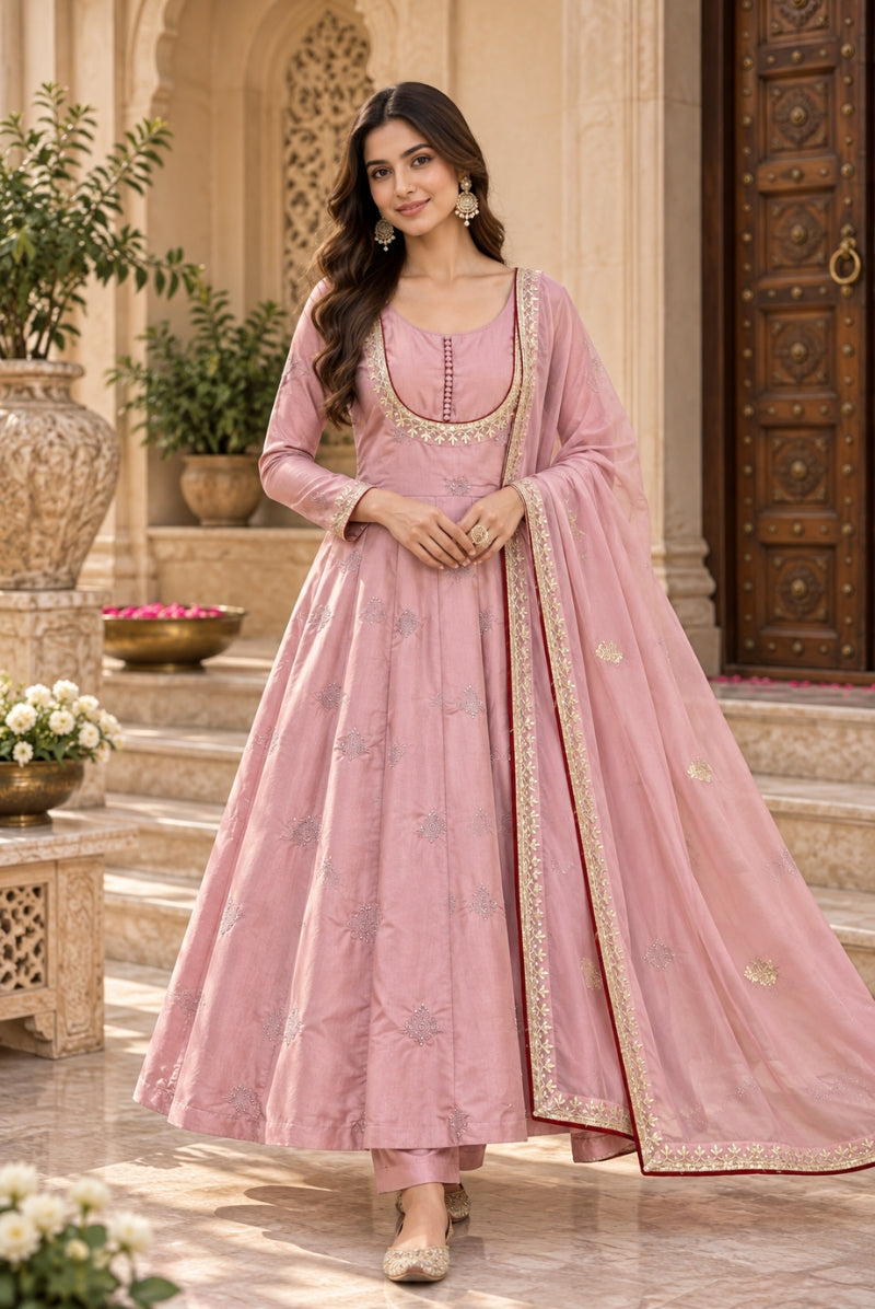 Blush Pink Embroidered Anarkali Suit Set with Dupatta
