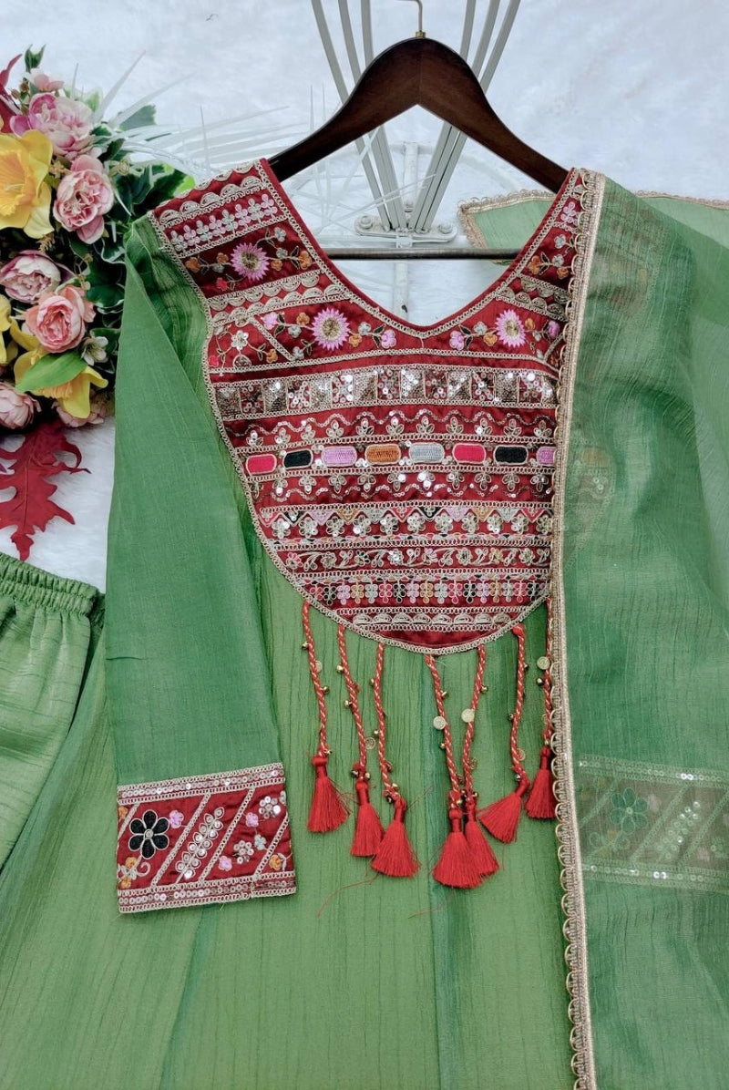 Sage Green Embroidered Salsa Crush Silk Anarkali Pant Dupatta Set