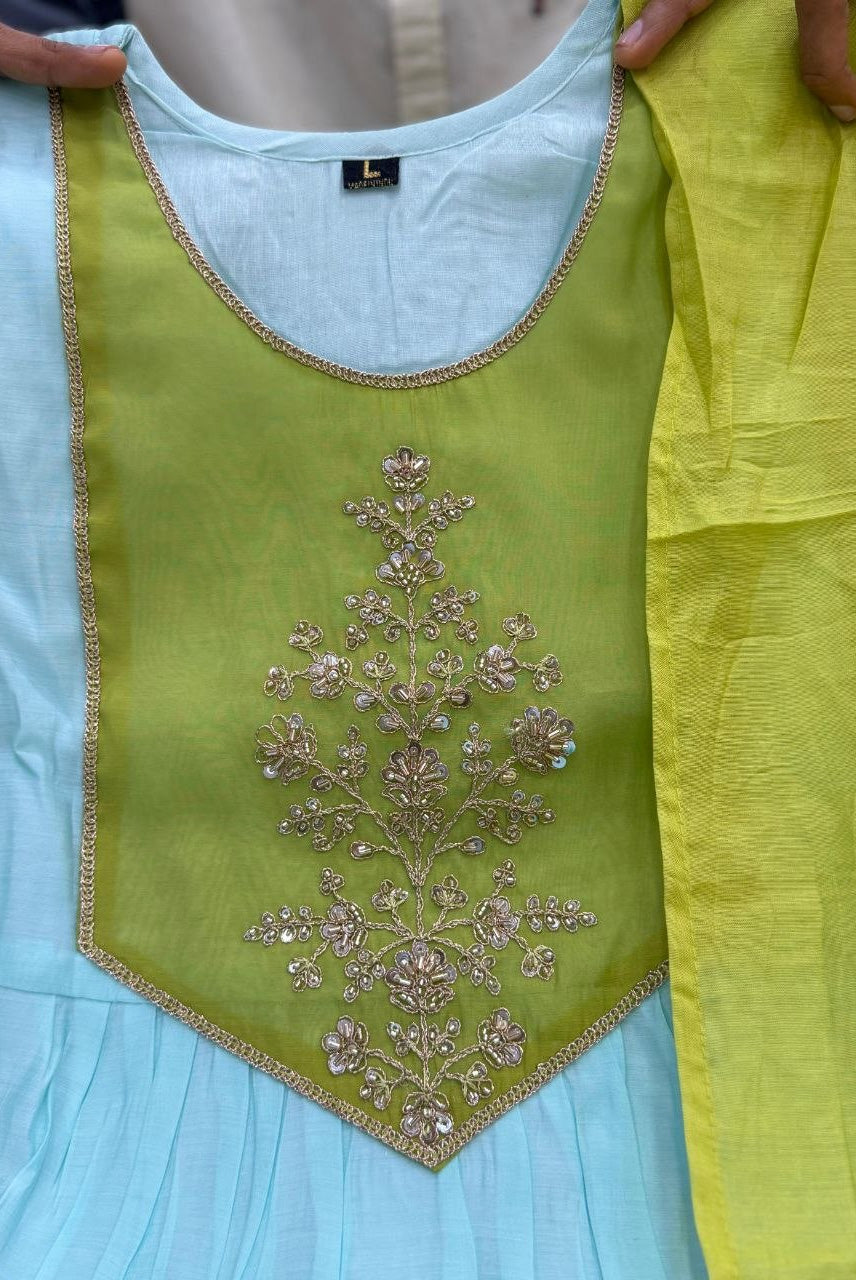 Lime Green & Mint Embroidered Anarkali Kurta Set with Dupatta