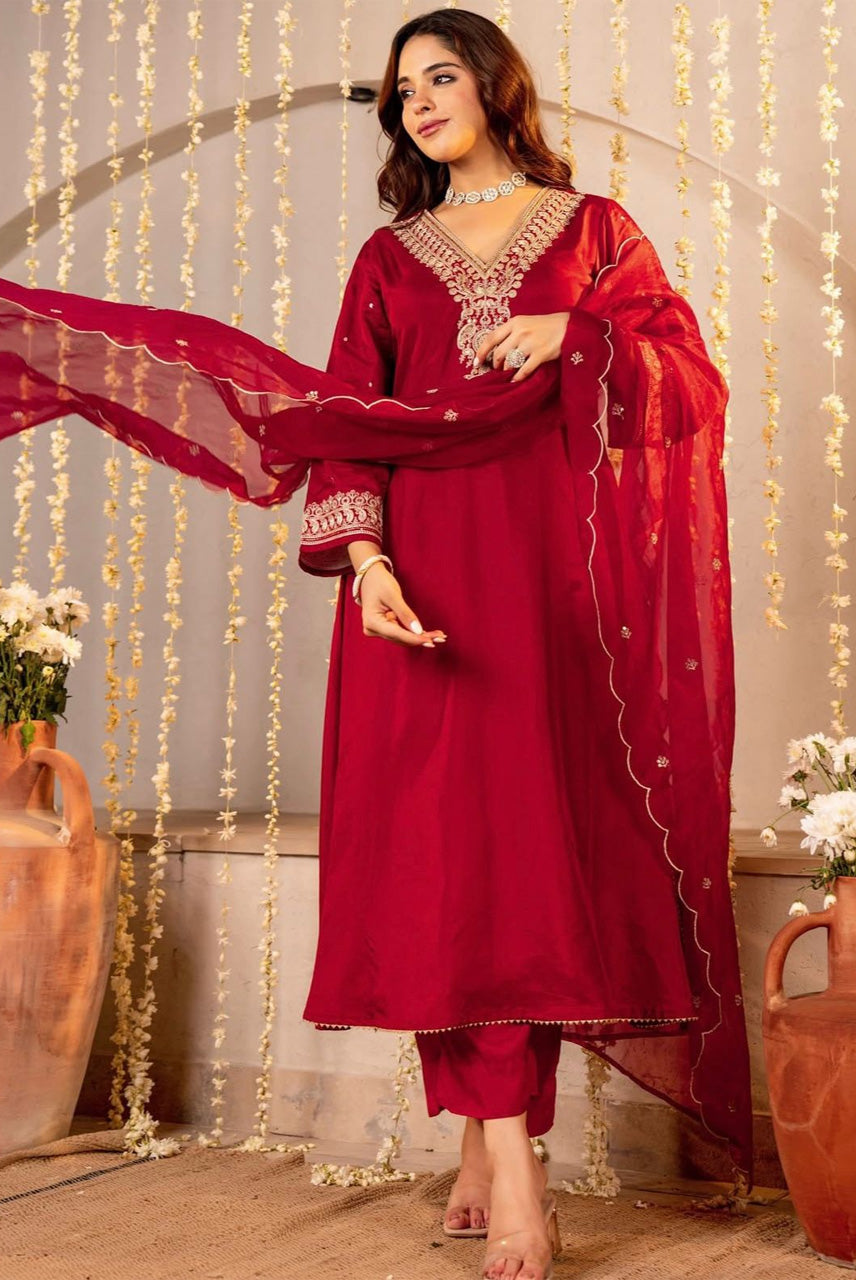 Ruby Red Embroidered Straight Kurta Set with Organza Dupatta
