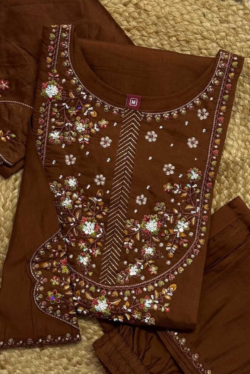 Chocolate Brown Marina Silk Embroidered Suit Set with Dupatta