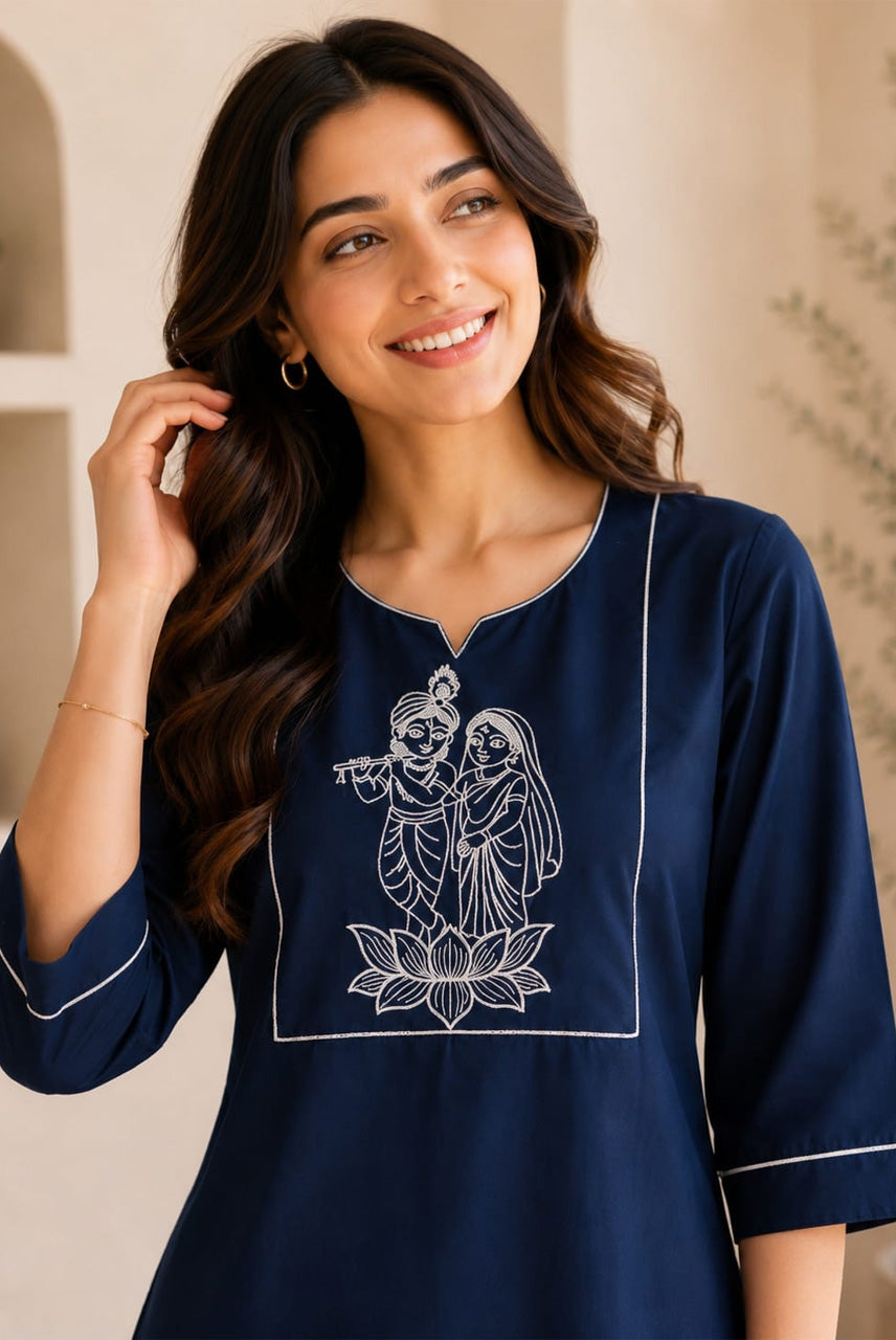 Navy Blue Embroidered Co-Ord Set for Women