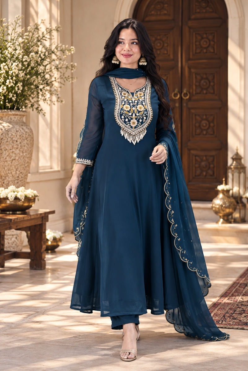 Midnight Blue Embroidered Faux Georgette Anarkali Suit Set with Dupatta