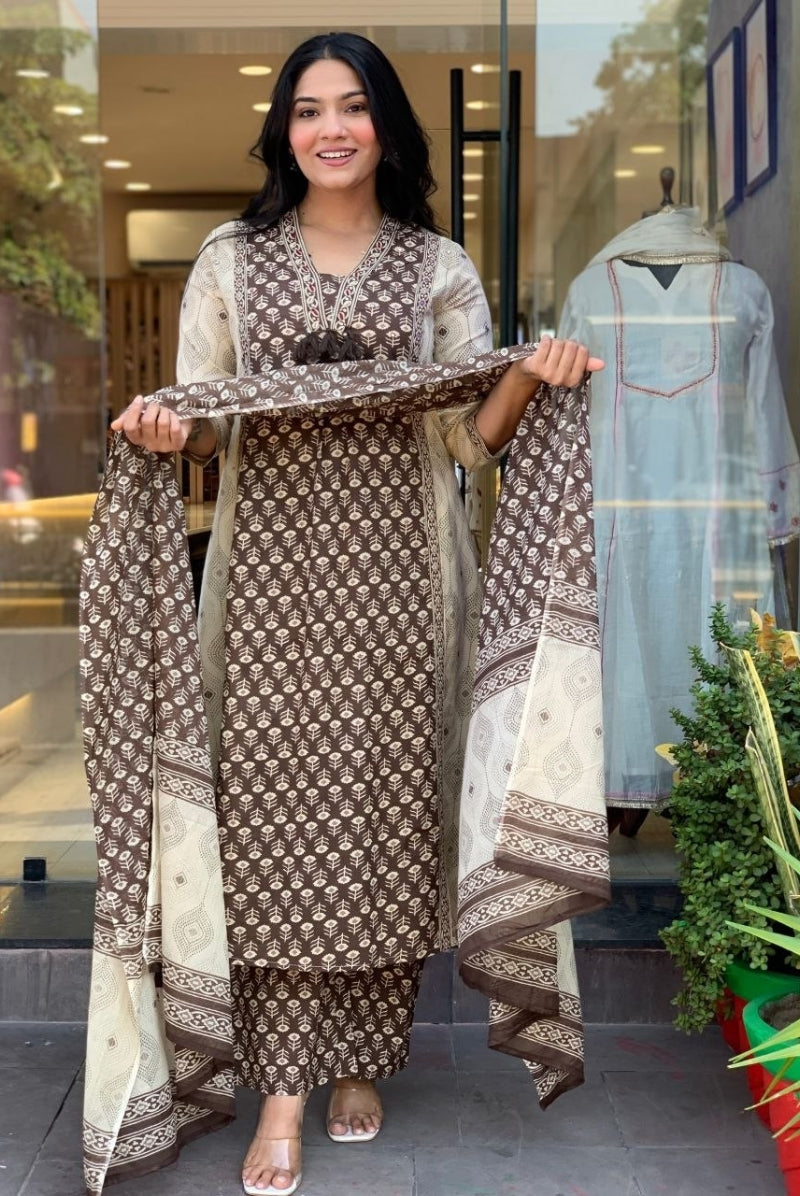 Brown & Ivory Printed Jaipur Cotton Suit Set with Dupatta