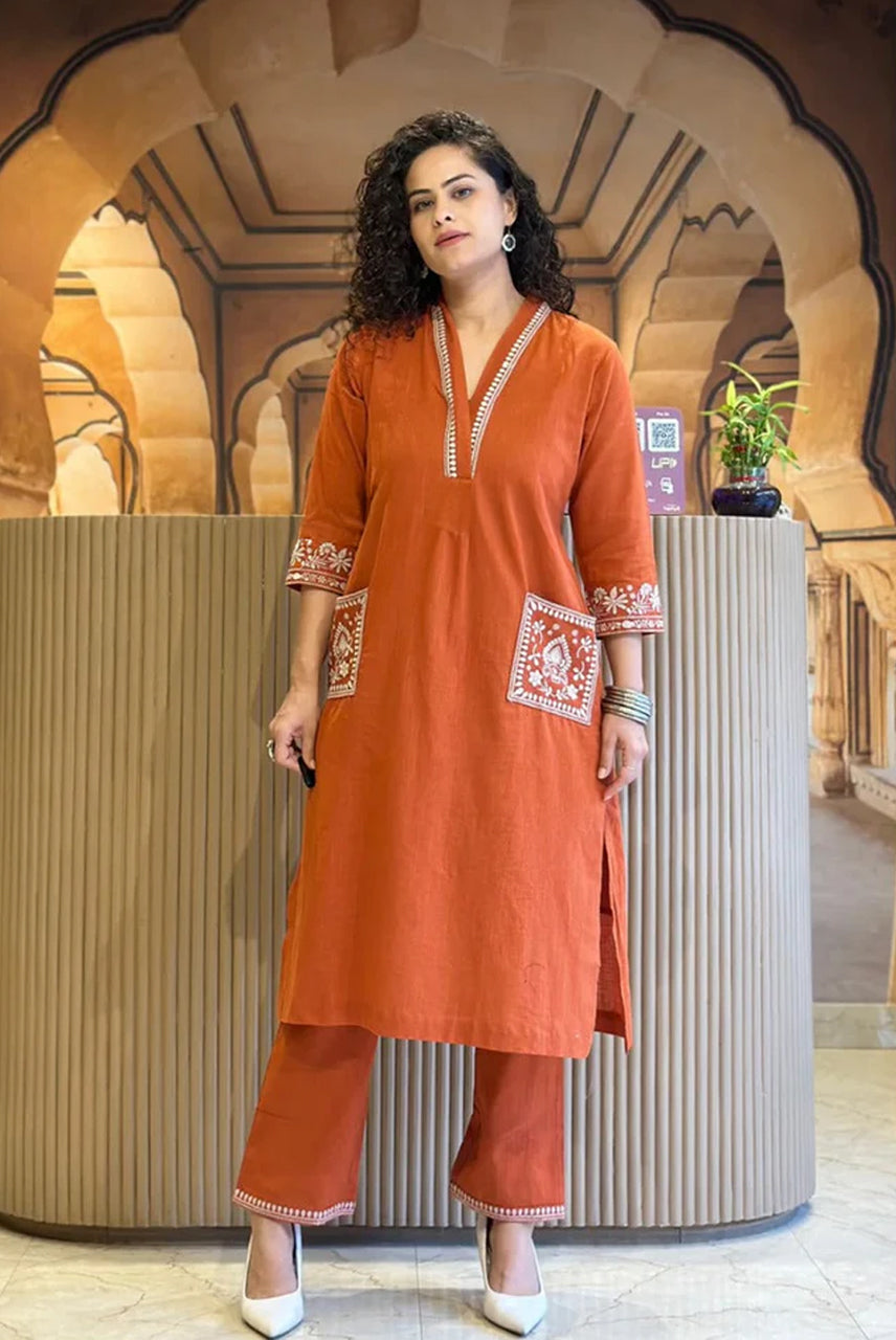 Rust Orange Charm Embroidered Cotton Kurta Set