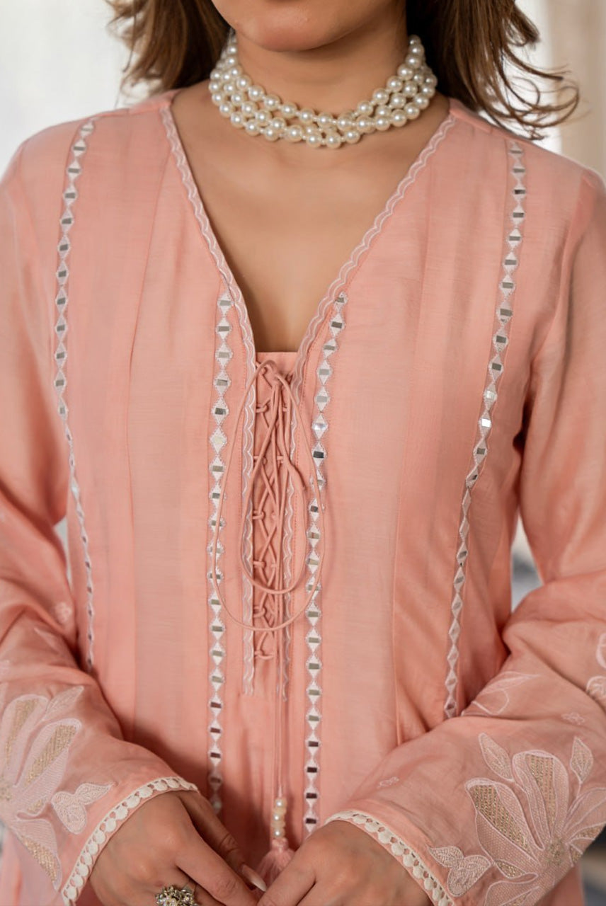 Peach Embroidered A-Line Kurta Set with Dupatta