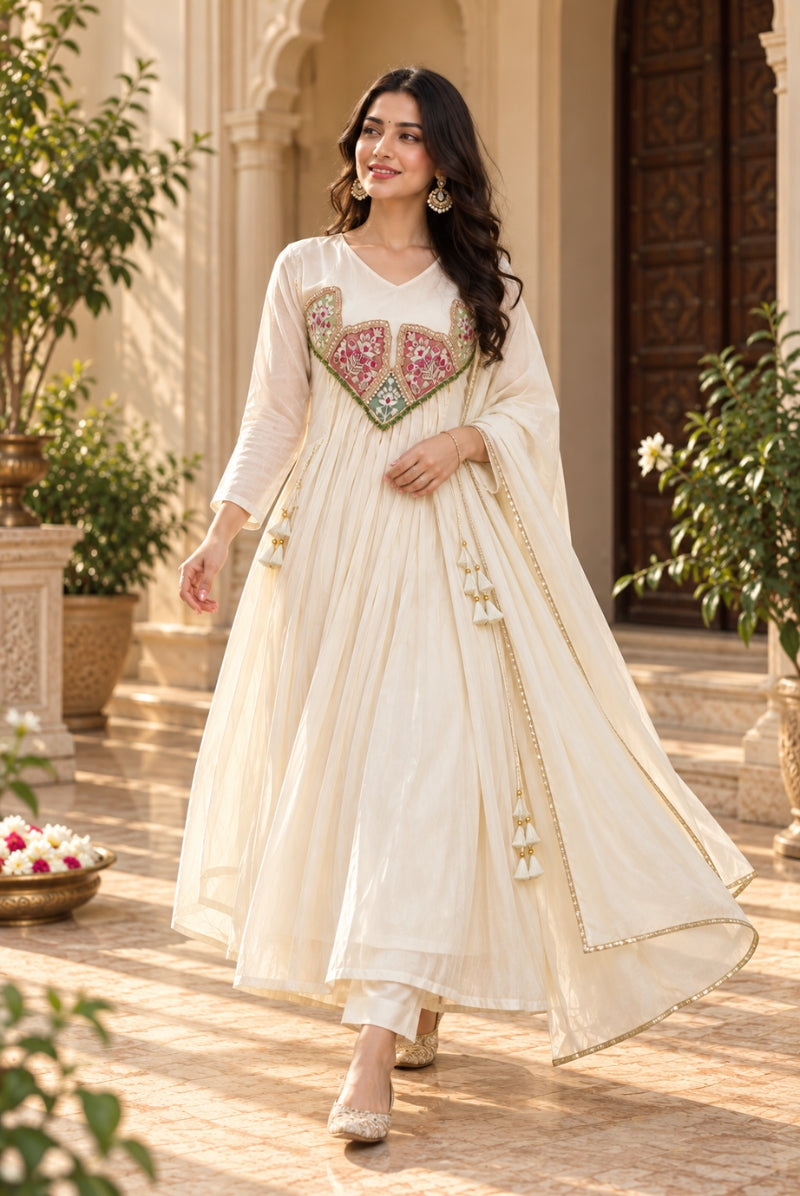 Ivory Embroidered Pure Mal Chanderi Anarkali Suit Set