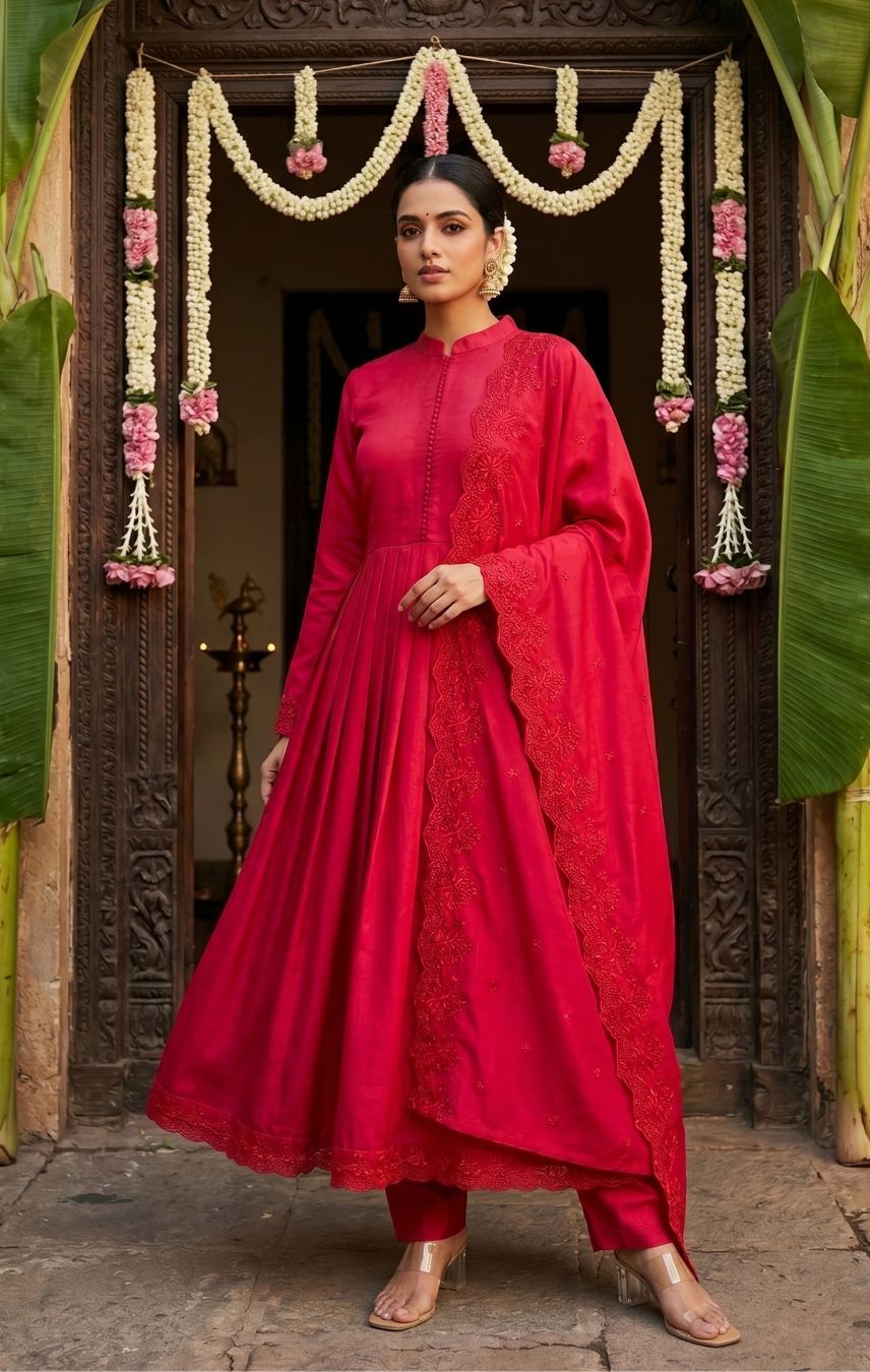 Ruhani Crimson Red Anarkali Kurta Set with Designer Dupatta